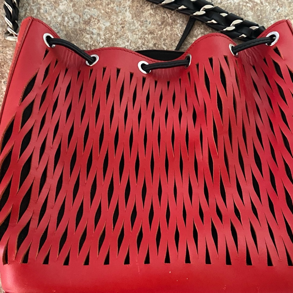 Sonia Rykiel Red Le Baltard Bucket Bag Purse Leather Chain Strap Grommets Lined